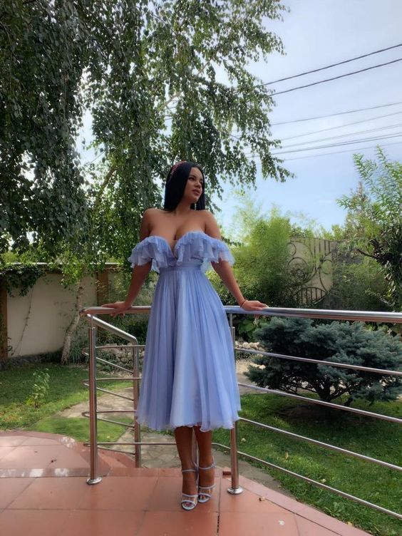 Blue off the shoulder short prom dress cg9282