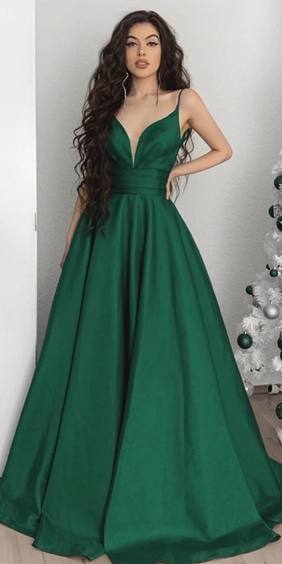 A Line V Neck Emerald Green Satin Pleats Prom Dresses cg9285