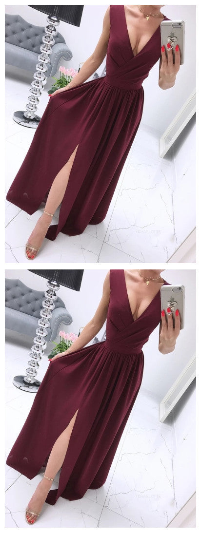 A-line V-neck Chiffon Burgundy Long Prom Dress, Evening Dress With Split cg9289