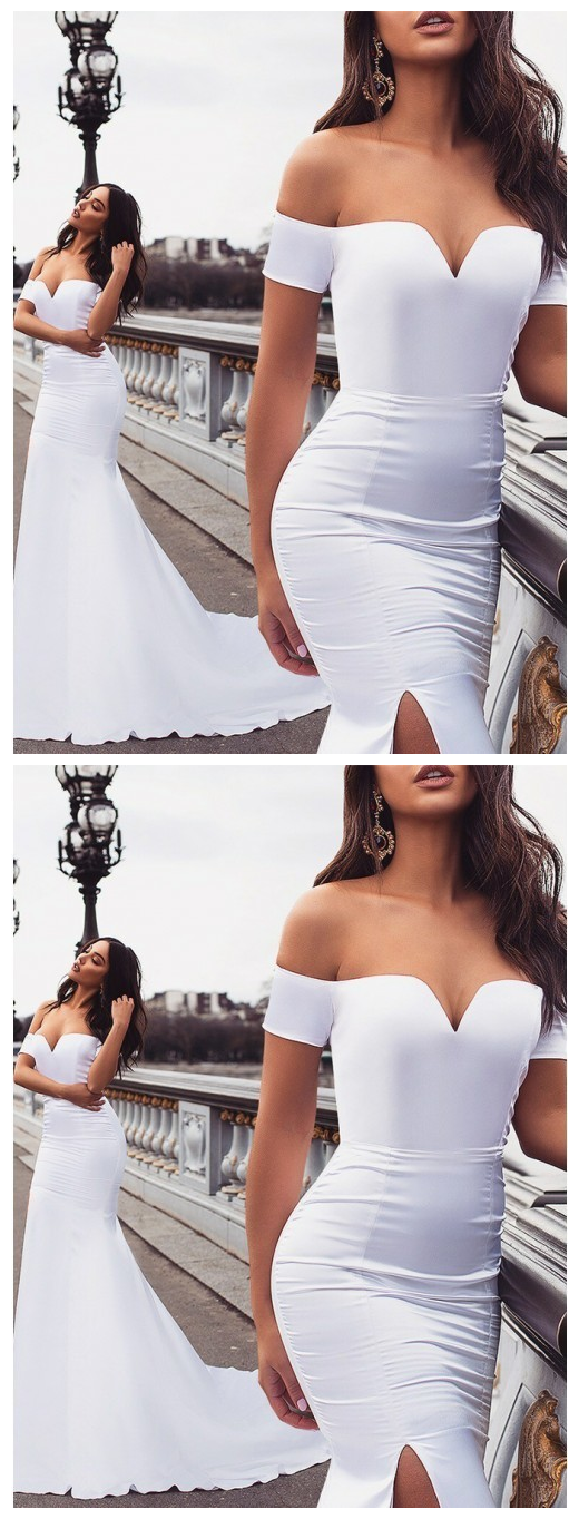 Simple Mermaid Off Shoulder White Sweep Train Split Prom Evening dress cg9300