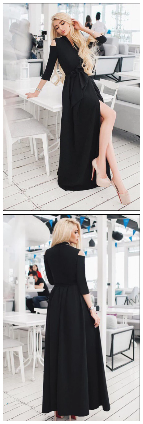 A-Line V-Neck 3/4 Sleeves Cold Shoulder Black Long Prom Dress with Split Sash cg9311