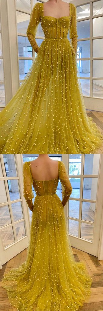 YELLOW TULLE BEADS LONG PROM DRESS TULLE LONG FORMAL DRESS cg9326