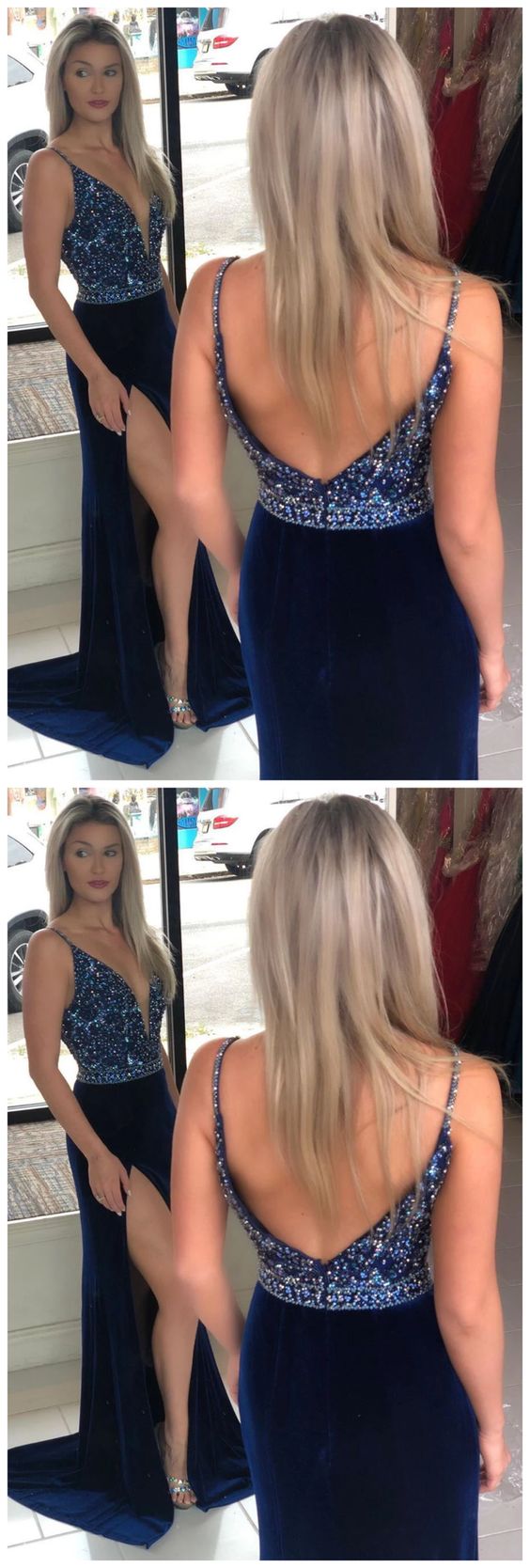 Gorgeous V Neck Sheath Navy Blue Beaded Long Prom Dress with Straps and Slit cg9350