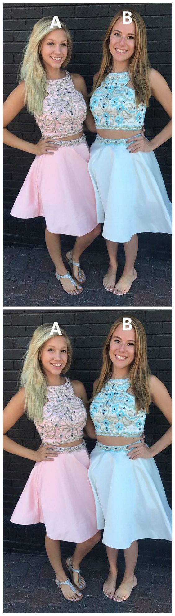 Elegant Pink/Blue Two Piece Party Dress, Beaded Short Homecoming Dress cg9351