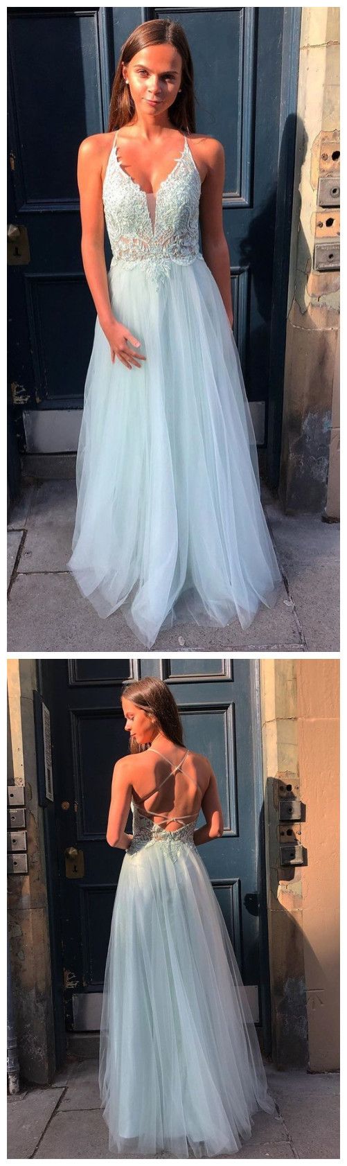 Simple Halter Light Blue Long Prom Dress with Lace Appliques cg9357