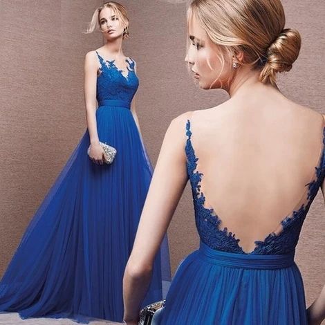 Blue Appliques Backless A-line Tulle Prom Dresses cg9395