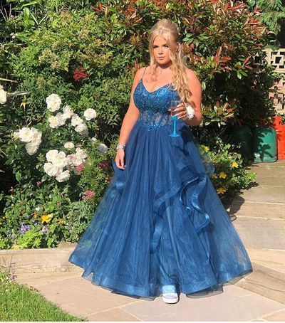 Navy Prom Dress,A-Line Prom Dress,Tulle Prom Dress,Appliques Prom Dress cg9408