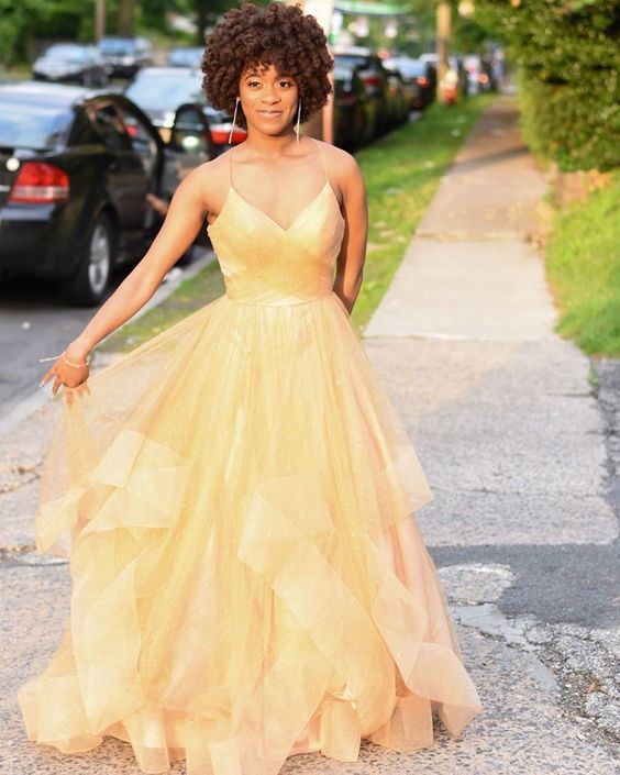 Golden Prom dress,Tulle Prom Dress,A-Line Evening dress,Spaghetti Straps Prom Gown cg9413
