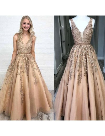 Gold Prom Dress,Tulle Prom Dress,A-Line Prom Dresses,Appliques Prom Dress cg9417