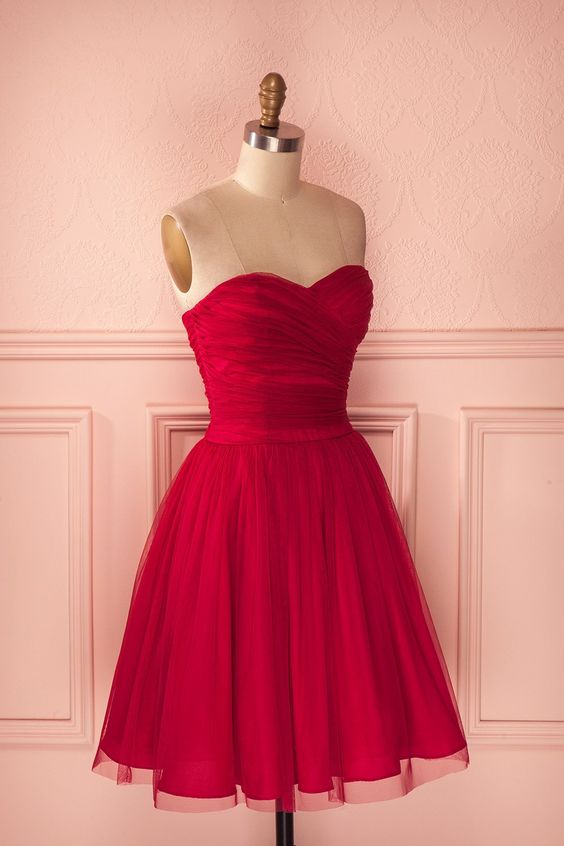 Red Strapless Tulle Knee Length Party Dress,A Line Homecoming Dress With Ruched Bodice cg9429