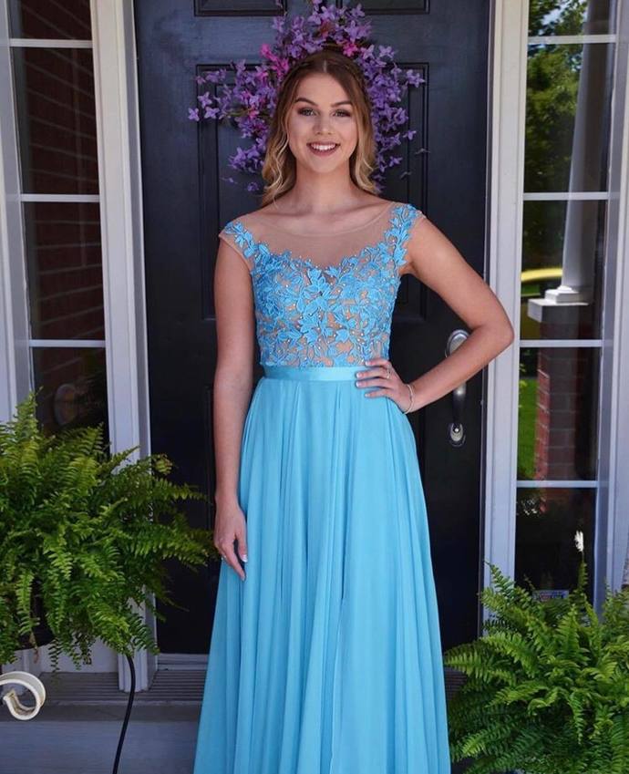 Blue Prom Dress,Chiffon Prom Gown,Appliques Evening Dress,A-Line Prom Gown cg9434