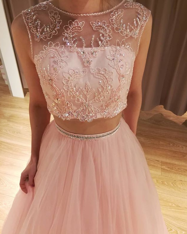 Pink Prom Dress,Tulle Prom Gown,Two Pieces Evening Dress,Beading Prom Gown cg9444