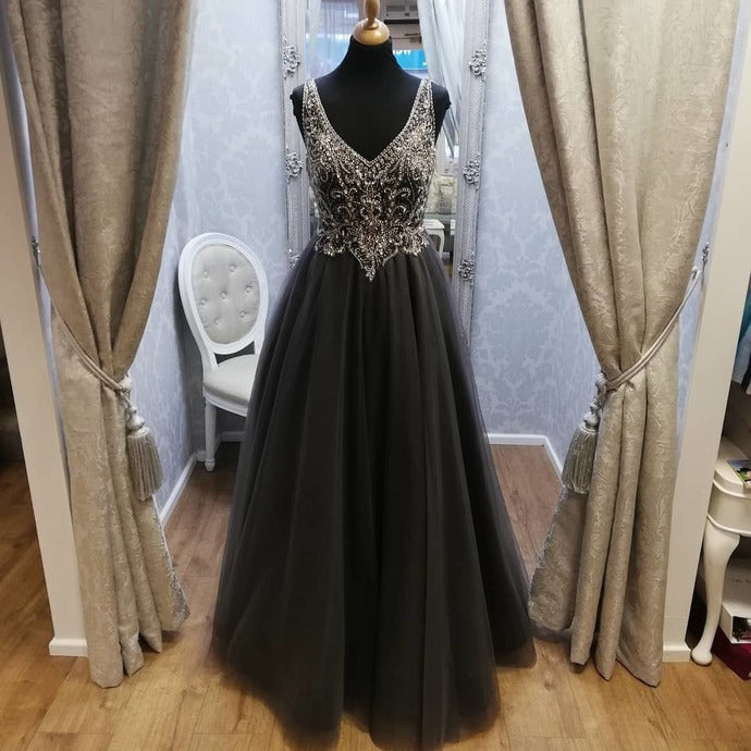Black Prom Dress,Tulle Prom Gown,Beading Evening Dress,V-Neck Prom Gown cg9449