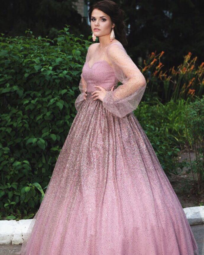 Gradient Prom Dress, Tulle Prom Gown, Sequined Prom Dress, Long-Sleeves Prom Gown cg9462