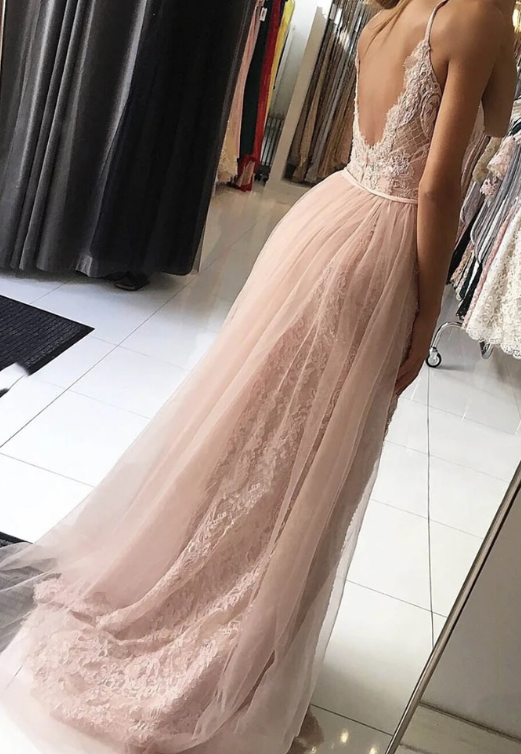 Pink tulle lace long prom dress evening dress cg9503