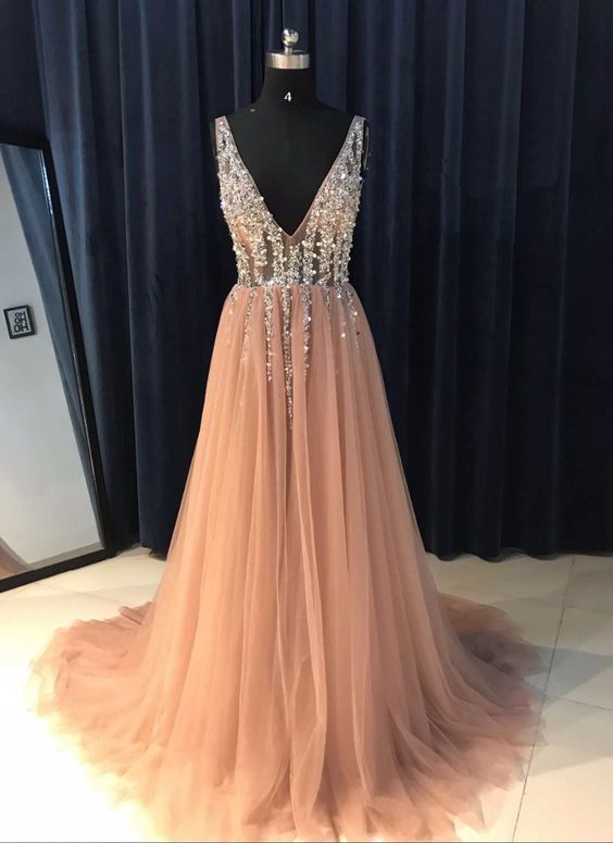 Champagne tulle V neck long sequins open back evening dress, senior prom dress cg9517