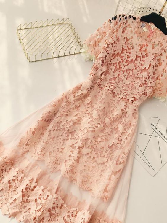 Pink Lace Short Prom Dress Short Sleeves cg9521