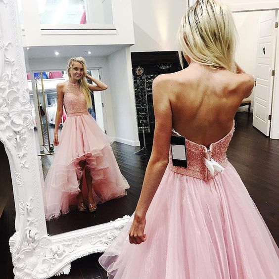 Pink Tulle Beaded Bodice Prom Dresses Halter Backless High Low Party Dresses Teens Girls Evening Dresses Formal Gowns cg9522