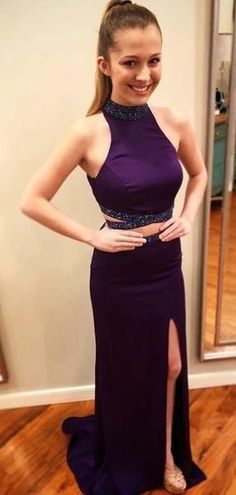 2 Pieces Beaded Purple Side Slit Prom Dresses, Sheath Long Prom Dresses cg9536