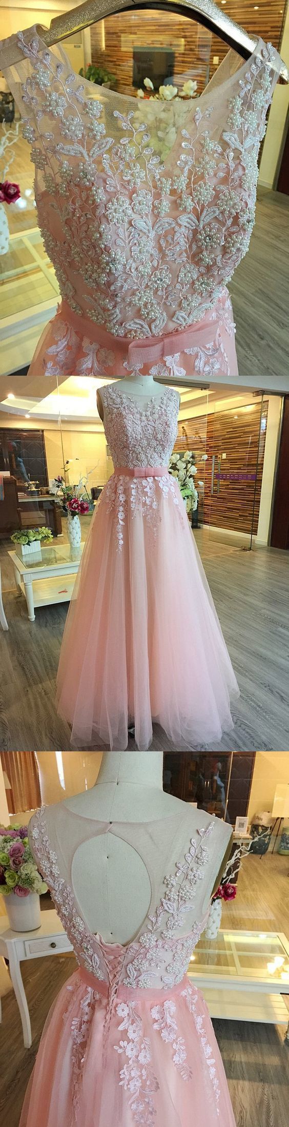 Elegant Tulle Pink Pearls Prom Dress, Appliques Pink Prom Dresses, Long Evening Dress cg9568