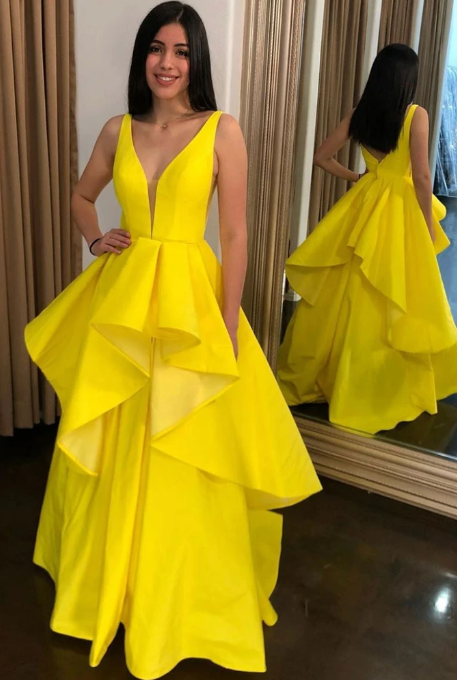 SIMPLE YELLOW SATIN LONG PROM DRESS YELLOW EVENING DRESS cg9580