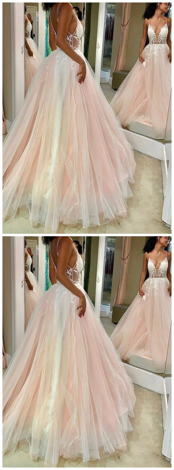 Pink v neck tulle lace long prom dress, pink evening dress cg9590