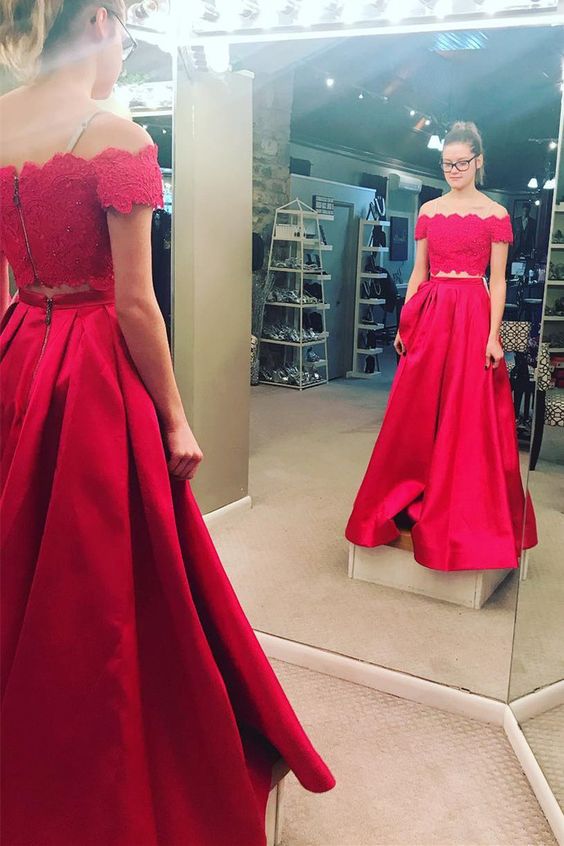 Special Two Piece Off the Shoulder White/Red Long Prom Dress cg9595