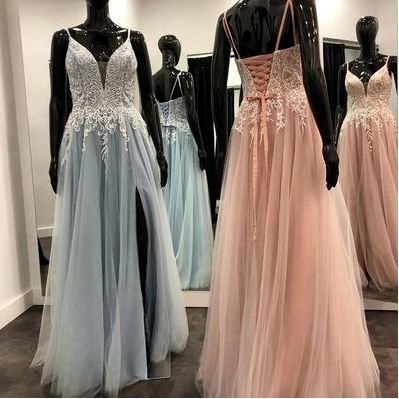 Blue Long Prom Dress with Lace Appliques Long Prom Gown cg9615