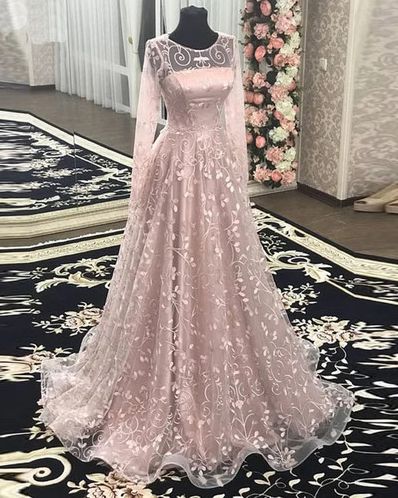 Pink floral lace long a line formal prom dresses with full sleeves cg9619