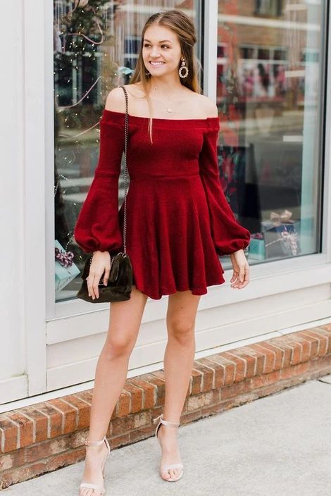 A-Line Off-the-Shoulder Long Sleeves Short Dark Red Velvet Homecoming Dress cg9623