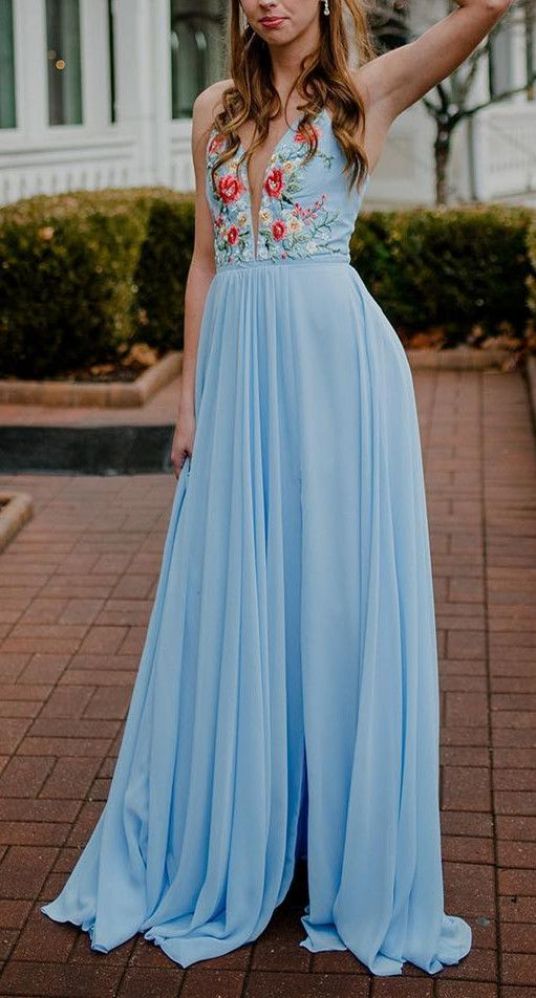 Blue and Floral Embroidery Prom Dresses Chiffon Long Prom Dress with Slit cg8638
