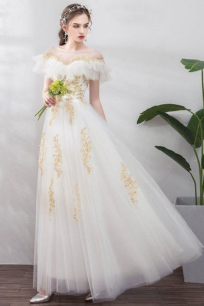 White Tulle Gold Lace Applique Long Ruffles Senior Prom Dress, Formal Dress cg9641