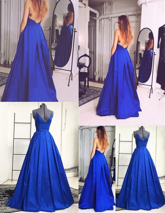 Simple Royal Blue Prom Dress - V-neck Sleeveless Floor Length Backless cg9642
