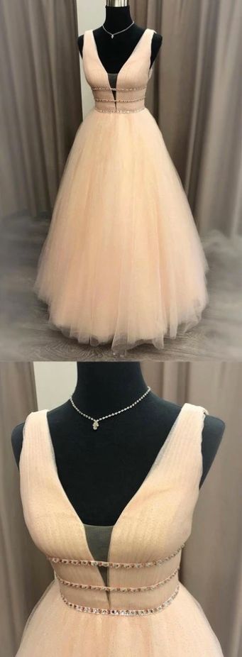 Pink Tulle V Neck Beaded Waistline Long A Line Prom Dress, Graduation Dress cg9643