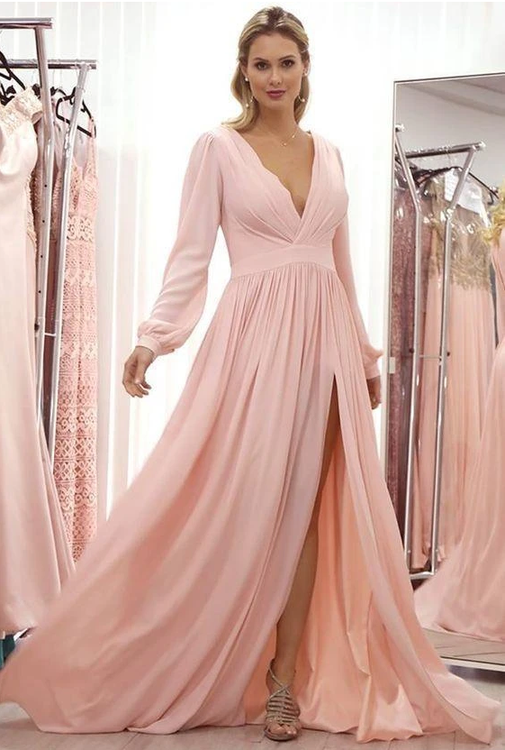 Long Sleeves Pink Chiffon Party prom Dress cg9660