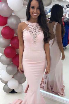 Mermaid Pink Prom Dress with Lace Appliques cg9666