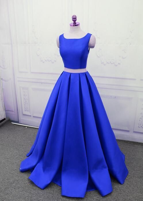 Two Pieces Royal Blue Satin Long Prom Dress, Elegant Long Prom Gowns cg9678