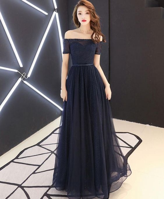 Dark blue tulle long prom dress, blue tulle evening dress cg9688