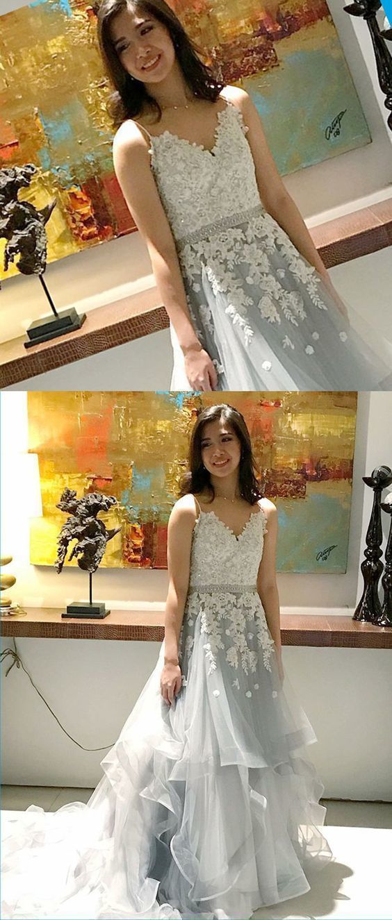 Pretty gray tulle spaghetti straps long ruffles train evening prom dress with lace cg9699