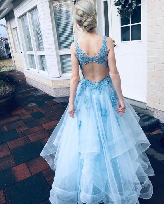 Fashion V neck Blue Open Back Prom Dress, Appliques Tulle Evening Dress cg9723