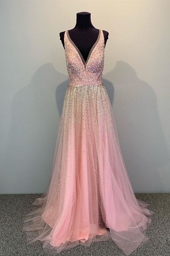 shiny pink A-line tulle long formal dress prom dress with sparkles cg9725