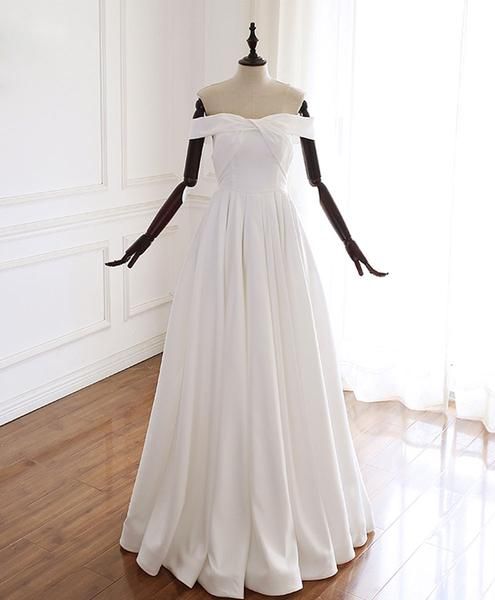 Simple white off shoulder long prom dress white evening dress cg9729