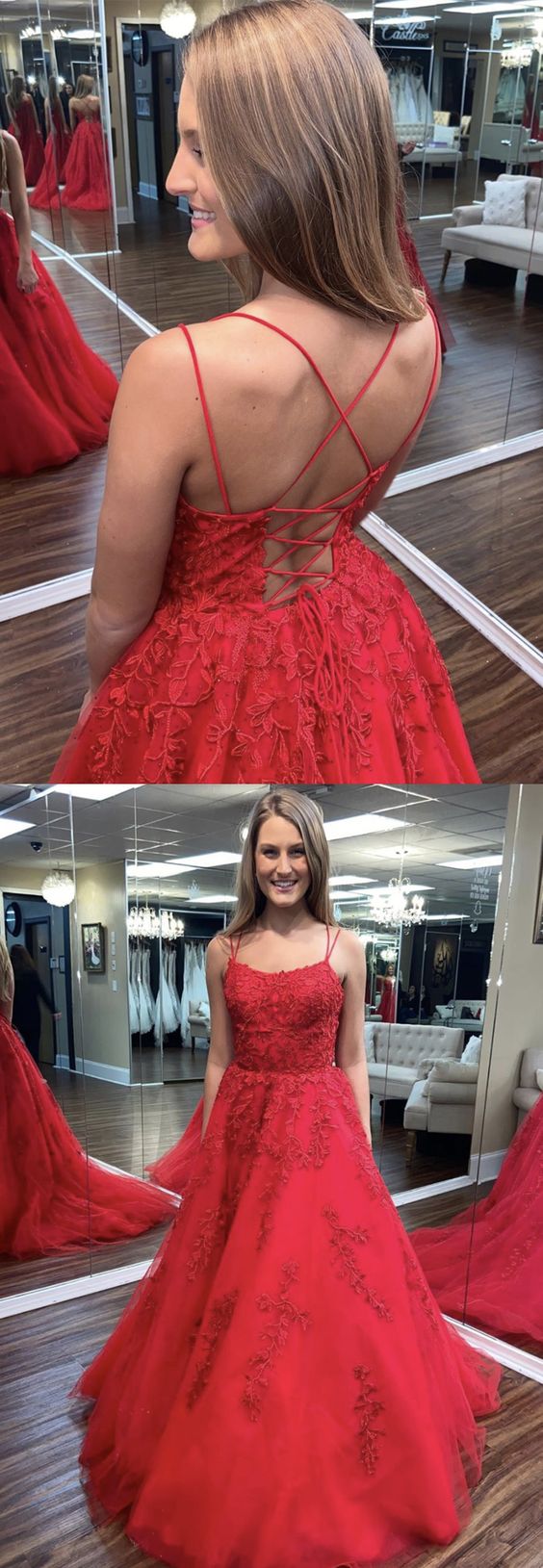 Red tulle lace long prom dress formal dress cg9734