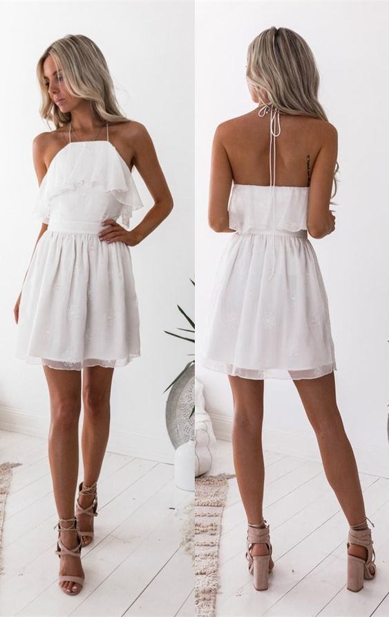 A-Line Halter Short White Homecoming Dress with Appliques cg9806