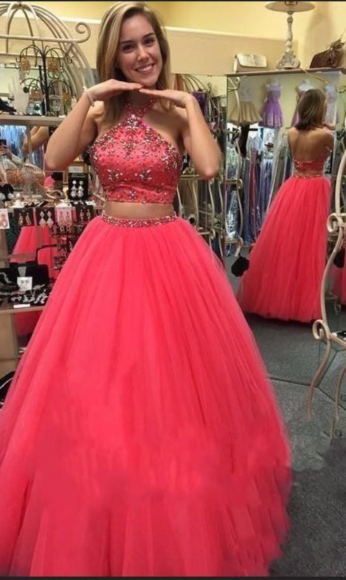 A-line Halter Prom Dresses Two Pieces Sequin Crystal Beads Open Back Tulle Skirt Formal Evening Gowns Party Dress Special Occasion Dresses cg9848