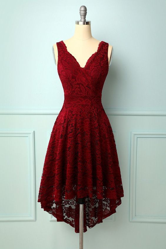 Dark Red V-Neck Lace Dress homecoming dress cg9870