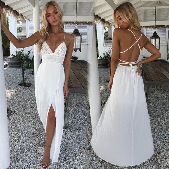 Floral White V-neckline Boho prom Dress cg9874