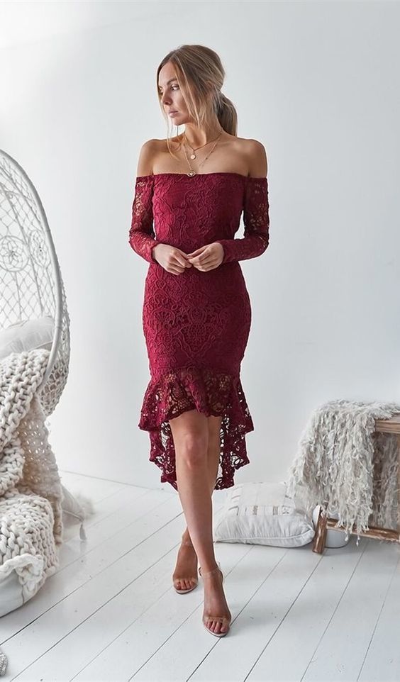 fashion off the shoulder homecoming dress, elegant burgundy lace short party dress cg9886