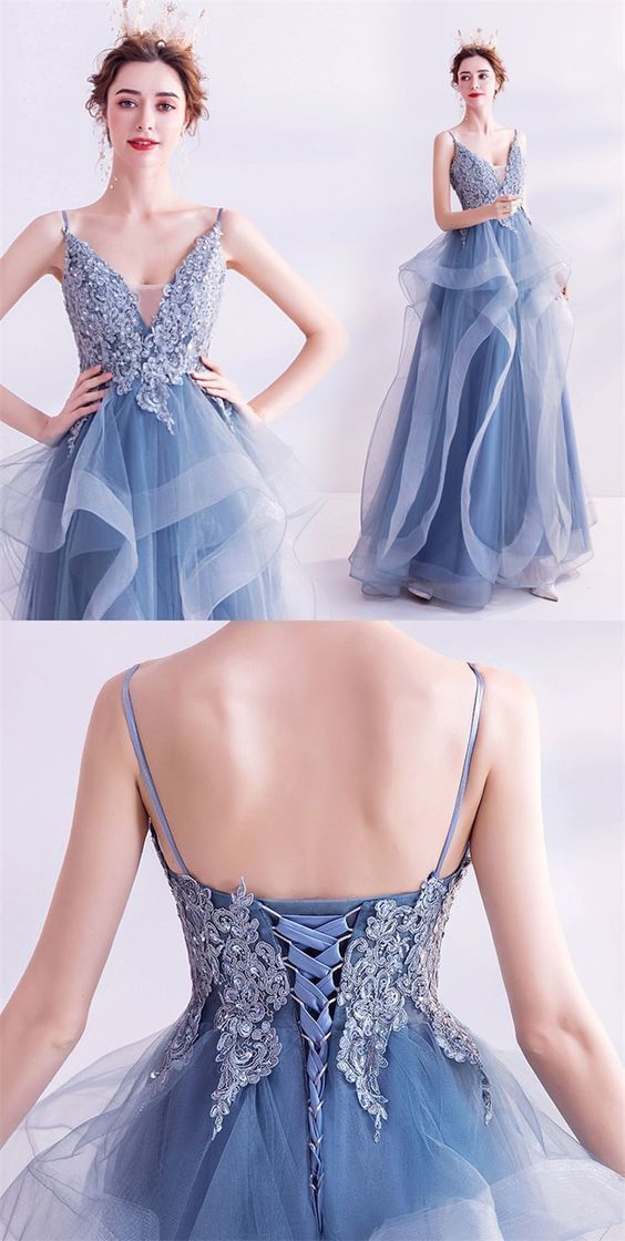 Sequined Top Ruffled Light Blue Prom Dress Formal Gown cg9891