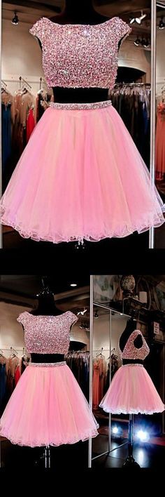 Cute Jewel Two Pieces Beading Pink Homecoming Dress cg9897